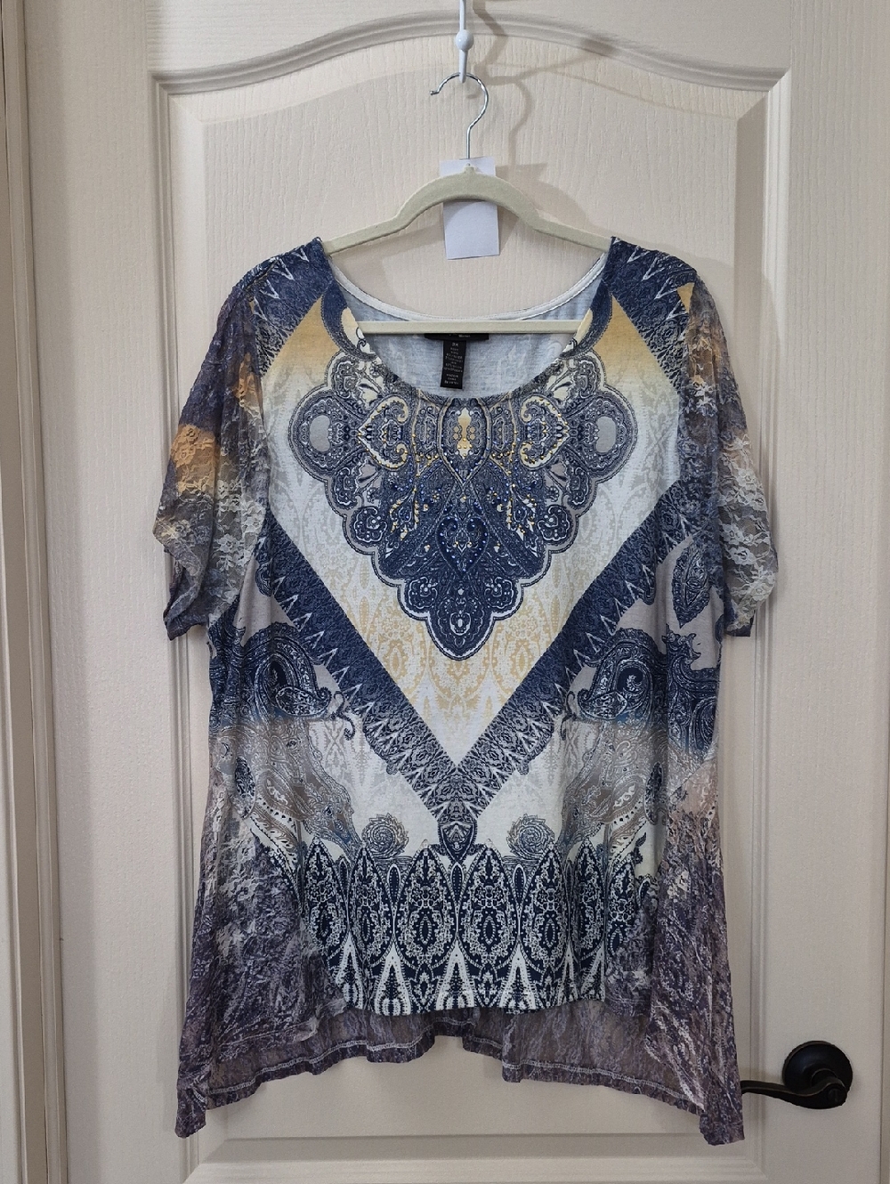 Style & Co Boho Paisley Short-Sleeve Top in Navy and Cream Size 2X